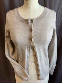 BANANA REPUBLIC, Lt Brown, Beige, Lt Gray, Wool, Nylon, Heathered, Ribbed Knit Round Neck,  Long Sleeves Cuffs & Hem, Button Front,
