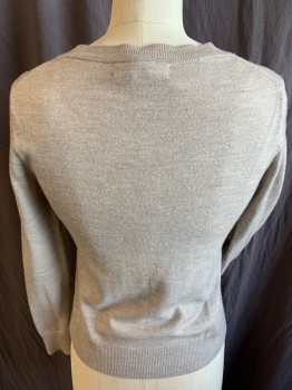 BANANA REPUBLIC, Lt Brown, Beige, Lt Gray, Wool, Nylon, Heathered, Ribbed Knit Round Neck,  Long Sleeves Cuffs & Hem, Button Front,