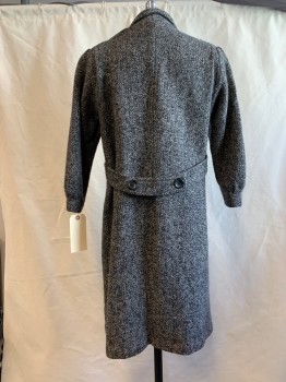 Mens, Coat, NL, Black, Gray, Wool, 2 Color Weave, Ch 38, Notched Lapel, Collar Attached, Double Breasted, 4 Buttons, 2 Pockets, Belted Back,