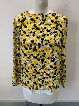 Womens, Blouse, H&M, Mustard Yellow, Black, Gray, White, Polyester, Novelty Pattern, Size:6, S, L/S, CN, White Sheer Under Layer, 2 Buttons, Open Back Slit