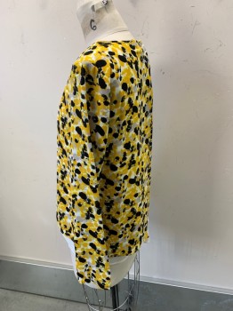 Womens, Blouse, H&M, Mustard Yellow, Black, Gray, White, Polyester, Novelty Pattern, Size:6, S, L/S, CN, White Sheer Under Layer, 2 Buttons, Open Back Slit