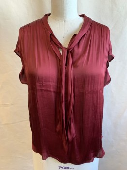 Womens, Blouse, BANANA REPUBLIC, Maroon Red, Polyester, Solid, L, Sleeveless, Gathered Front, Gathered Back, V-neck, Tie Closure, Sheer, MULTIPLE