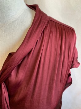 Womens, Blouse, BANANA REPUBLIC, Maroon Red, Polyester, Solid, L, Sleeveless, Gathered Front, Gathered Back, V-neck, Tie Closure, Sheer, MULTIPLE