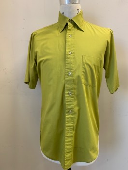 KENT COLLECTION, Moss Green, Polyester, Cotton, Solid, Button Front, Collar Attached, 1 Pocket, Short Sleeves,