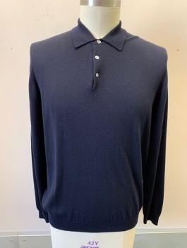 Mens, Pullover Sweater, BROOKS BROTHERS, Navy Blue, Wool, Solid, L, Knit, Polo Style with Collar Attached, 3 Button Placket, L/S