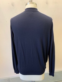 Mens, Pullover Sweater, BROOKS BROTHERS, Navy Blue, Wool, Solid, L, Knit, Polo Style with Collar Attached, 3 Button Placket, L/S