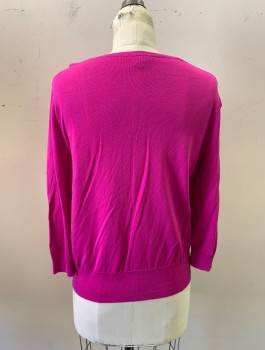 ANN TAYLOR PETITE, Fuchsia Pink, Rayon, Nylon, Solid, Round Neck, L/S, Button Front