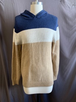Mens, Pullover Sweater, GOODFELLOW, Navy Blue, Off White, Oatmeal Brown, Cotton, Polyester, Color Blocking, S, Hood Attached,