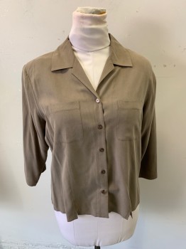 ANNA AND FRANK, Tan Brown, Silk, Solid, Short Sleeves, Button Front, 5 Buttons, 2 Chest Pockets, Princess Seam Vents, Shoulder Pads,