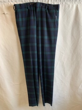 Mens, Casual Pants, CASTAWAY, Navy Blue, Forest Green, Wool, Plaid, Open, 36, F.F, Zip Front, Hook Closure, 4 Pockets