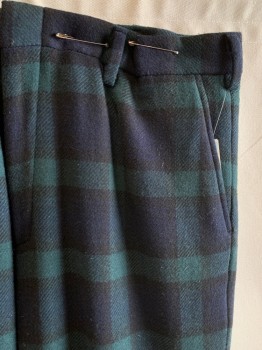 Mens, Casual Pants, CASTAWAY, Navy Blue, Forest Green, Wool, Plaid, Open, 36, F.F, Zip Front, Hook Closure, 4 Pockets