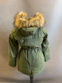 ABERCROMBIE, Olive Green, Poly/Cotton, Hood With Faux Fur Trim, Stand Collar, Zip Front & Button Front, Gathered At Waist, Knit Cuffs, 2 Pockets