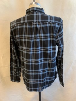 Mens, Casual Shirt, VANS, Black, French Blue, White, Cotton, Plaid, M, Collar Attached, Long Sleeves, Button Front, 2 Pockets