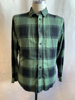 Mens, Casual Shirt, STANDARD CLOTH, Olive Green, Black, Cotton, Plaid, S, Flannel, Button Front, Collar Attached, Long Sleeves, Button Cuff, 1 Pocket