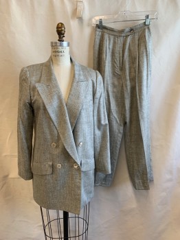 Womens, 1980s Vintage, Suit, Jacket, NL, Olive Green, Ivory White, Wool, Herringbone, Plaid-  Windowpane, B: 34, Peaked Lapel, Padded Shoulders, Double Breasted, 4 Pearlized Buttons, 3 Pockets