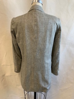 Womens, 1980s Vintage, Suit, Jacket, NL, Olive Green, Ivory White, Wool, Herringbone, Plaid-  Windowpane, B: 34, Peaked Lapel, Padded Shoulders, Double Breasted, 4 Pearlized Buttons, 3 Pockets