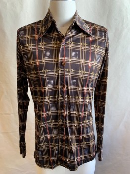 DAMON, Chocolate Brown, Camel Brown, White, Dk Red, Polyester, Grid , Novelty Pattern, Bridle and Lampost Novelty Pattern, Button Front, Collar Attached, Long Sleeves, Button Cuff