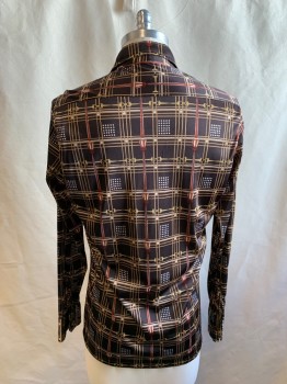 DAMON, Chocolate Brown, Camel Brown, White, Dk Red, Polyester, Grid , Novelty Pattern, Bridle and Lampost Novelty Pattern, Button Front, Collar Attached, Long Sleeves, Button Cuff