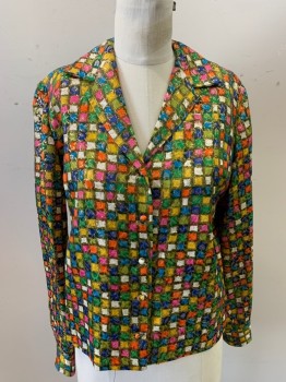 Womens, Blouse, MALBE, Goldenrod Yellow, Royal Blue, Orange, White, Green, Polyester, Lurex, Grid , Leaves/Vines , 6, L/S, Notched Lapel, Button Front, Side Slits,