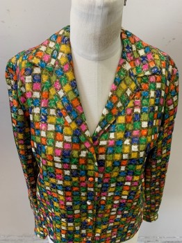 Womens, Blouse, MALBE, Goldenrod Yellow, Royal Blue, Orange, White, Green, Polyester, Lurex, Grid , Leaves/Vines , 6, L/S, Notched Lapel, Button Front, Side Slits,