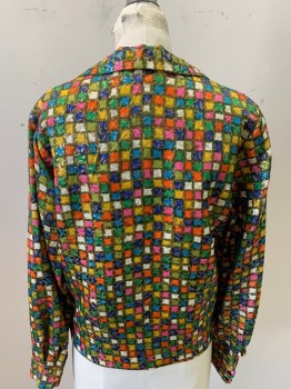 MALBE, Goldenrod Yellow, Royal Blue, Orange, White, Green, Polyester, Lurex, Grid , Leaves/Vines , L/S, Notched Lapel, Button Front, Side Slits,