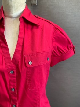 Womens, Blouse, EXPRESS, Fuchsia Pink, Cotton, Solid, M, S/S, Button Front, Collar Attached, Chest Pockets