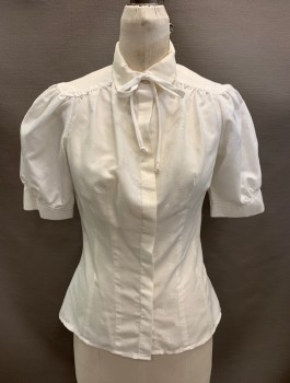 Womens, Blouse, BARCO, Off White, Poly/Cotton, Floral, Dots, B: 36, Thin Neck Tie Attached, Self Floral & Dot Pattern, C.A., Button Front, S/S