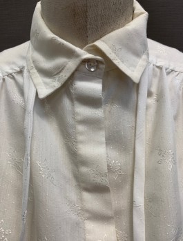 Womens, Blouse, BARCO, Off White, Poly/Cotton, Floral, Dots, B: 36, Thin Neck Tie Attached, Self Floral & Dot Pattern, C.A., Button Front, S/S
