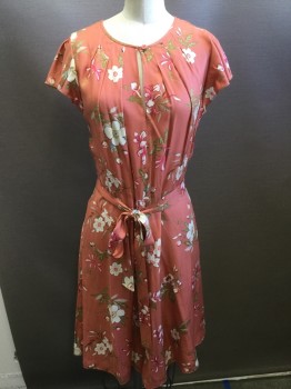Womens, Dress, Short Sleeve, REBECCA TAYLOR, Coral Orange, Pink, White, Olive Green, Yellow, Rayon, Floral, B32, 2, W28, Crew Neck with One Button Closure, Butterfly Sleeves, Belt