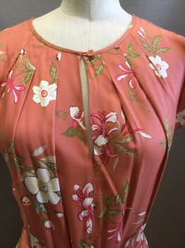 Womens, Dress, Short Sleeve, REBECCA TAYLOR, Coral Orange, Pink, White, Olive Green, Yellow, Rayon, Floral, B32, 2, W28, Crew Neck with One Button Closure, Butterfly Sleeves, Belt