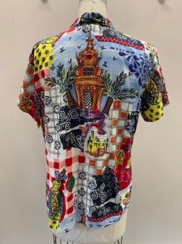 Womens, Shirt, ABS, Red, Yellow, Multi-color, Cotton, Novelty Pattern, Patchwork, B44, M, C.A., S/S, 1 Pckt, Floral, Houses Motif, Church Or Temple At Back, Animal And 2 Women