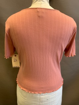 Womens, Top, FOREVER 21, Dusty Pink, Polyester, Rayon, Solid, 2XL, Rib Knit, Lettuce Edge Hem, Button Front, Short Sleeves, Scoop Neck
