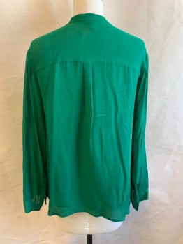 Womens, Blouse, JOIE, Kelly Green, Silk, Solid, L, Collar Band, Button Front, Long Sleeves, 1 Breast Pocket