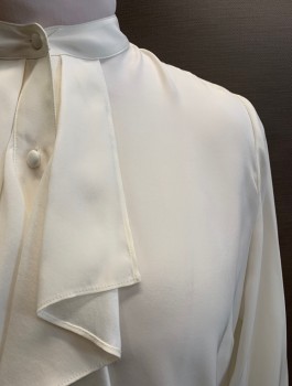Womens, Blouse, FRAME, Off White, Silk, Solid, B38, Band Collar, Button Front, L/S, Ruffle Jabot Attached, 2 Button Cuffs, Pleated Back