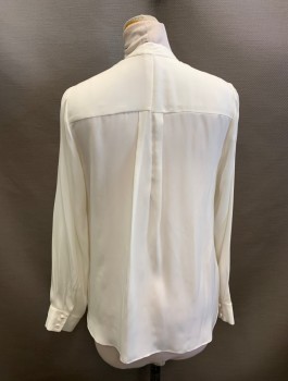 Womens, Blouse, FRAME, Off White, Silk, Solid, B38, Band Collar, Button Front, L/S, Ruffle Jabot Attached, 2 Button Cuffs, Pleated Back