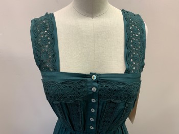 Womens, Dress, Sleeveless, ALEMAIS, Dk Green, Silk, Cotton, Solid, 2, Multi-tiered Skirt, Crochet Lace Inset Detail All Over And On Straps, Button Front Placket, Self Tie Waist