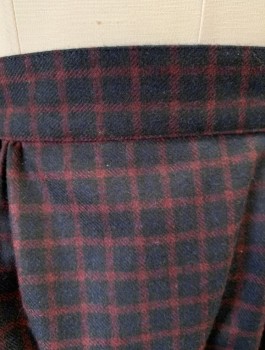 NL, Navy Blue, Red Burgundy, Wool, Check , Gathered Waist with 6" Not Gathered In Front, Button Closure In Back