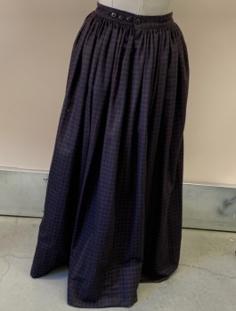 Womens, Historical Fiction Skirt, NL, Navy Blue, Red Burgundy, Wool, Check , 26/30, Gathered Waist with 6" Not Gathered In Front, Button Closure In Back