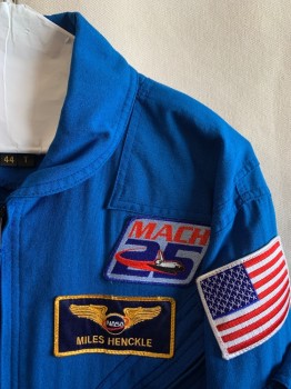 Unisex, Sci-Fi/Fantasy Jumpsuit, GIBSON + BARNES, Blue, Poly/Cotton, Solid, 44T, C.A., Zip Front, 2 Chest Pockets, 5 Cargo Pockets, Velcro At Waist, 1 Pocket At Left Arm, Zippers At Legs, "NASA" Patch On Right, "MILES HENKLE" And "MACH 25" Patch On Left Chest, USA Patch On Left Arm, Space Shuttle Patch with 1981-2001 On Right Arm