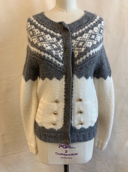 Womens, Cardigan Sweater, J. CREW, White, Gray, Acrylic, Alpaca, Color Blocking, XS, Round Neck, 6 Snap Front, 5 Gold Buttons, 2 Pockets