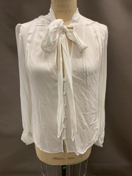 Womens, Blouse, 7 FOR ALL MANKIND, White, Viscose, Herringbone, M, Self Pattern, Neck Tie Attached, Button Front, L/S, Multiples