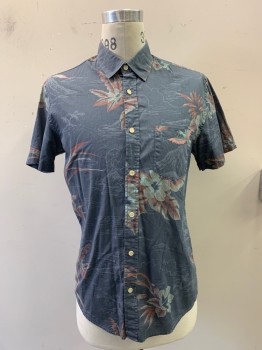 Mens, Hawaiian Shirt, QUICKSILVER, Dk Gray, Red, Cotton, Hawaiian Print, S, C.A., Button Front, S/S, 1 Pocket,