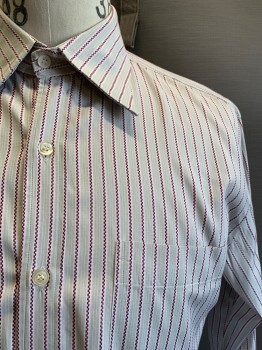 Mens, Casual Shirt, Cego, Gray, Red Burgundy, Cotton, Polyester, Stripes - Vertical , 33, 16, L/S, Button Front, C.A., Chest Pocket