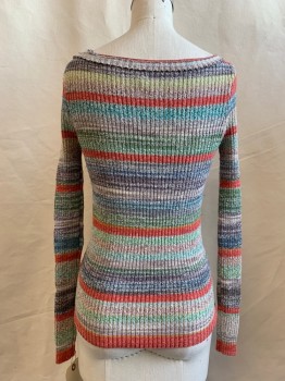 Womens, Top, FREE PEOPLE, Multi-color, Acrylic, Cotton, Stripes - Horizontal , XS, Round Neck,  Key Hole, Ribbed, Long Sleeves, Rib Knit, Trim At Neck