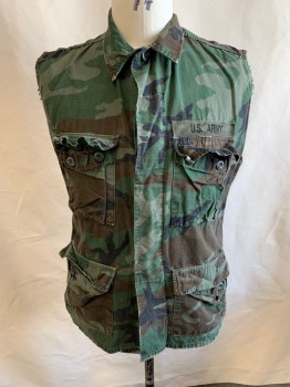 Mens, Shirt, Military Uniform, PROPPER, Olive Green, Green, Brown, Cotton, Camouflage, L REG, Cut Off Sleeves, Button Front, 4 Pockets