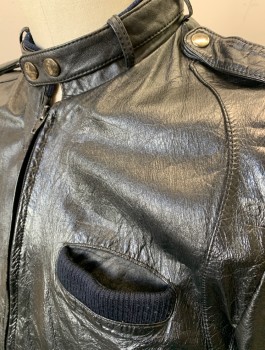Mens, Leather Jacket, COOPER LEATHER, Black, Leather, Solid, 40, Zip Front, Stand Collar With Strap, Rib Knit Waistband, Pockets & Cuffs, Epualettes