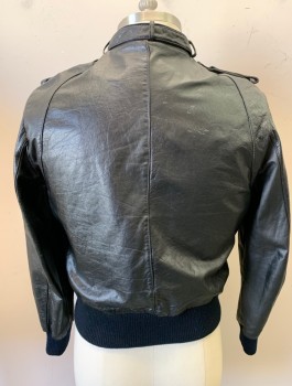 Mens, Leather Jacket, COOPER LEATHER, Black, Leather, Solid, 40, Zip Front, Stand Collar With Strap, Rib Knit Waistband, Pockets & Cuffs, Epualettes