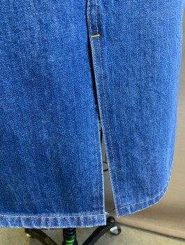 N/L, Denim Blue, Cotton, Knee Length, Straight Through Hips, Tan Top Stitching, Zip Fly, 3 Pockets Including Small Welt Pocket At Hip