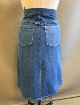 N/L, Denim Blue, Cotton, Knee Length, Straight Through Hips, Tan Top Stitching, Zip Fly, 3 Pockets Including Small Welt Pocket At Hip