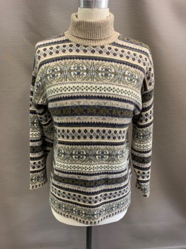 Mens, Sweater, JESSIE, Beige, Navy Blue, Olive Green, Gray, Acrylic, Wool, Abstract , Stripes, C:42, Turtle Neck, Ribbed Neck, L/S
